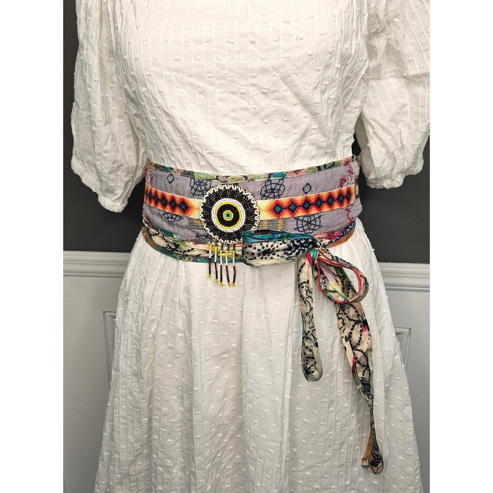 Johnny Was Boho Beaded Obi Belt Embroidered Medallion Cupra Festive NWOT - Picture 5 of 9